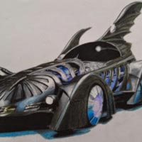 The Batmobile from Batman Forever 1995, drawing done in colored pencil